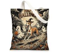 Bolsa de lona de perro Whippet de Halloween para ir de compras, 13 x 15 pulgadas, fantasmas divertidos para vacaciones, bolsa de comestibles reutilizable para mujeres, otoño, trabajo, viajes, pintura