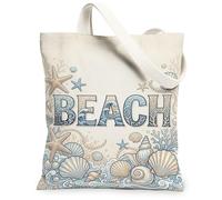 Bolsa de lona de playa para mujer, diseño de estrella de mar de concha costera, verano, azul, lavable, reutilizable, ideal para uso diario, Azul, 13x15 Inch