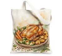 Bolsa de lona de pollo asado para mujer, Acción de Gracias, zanahorias rústicas, papas, Acción de Gracias, color marrón cálido, lavable, reutilizable, bolsa de mercado, ideas para familiares, amigos