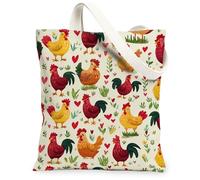 Bolsa de lona de pollo para mujer, diseño de corazones juguetones, hierba, primavera, rojo, lavable, reutilizable, ideas para familiares, amigos, colegas, lectura, amor, 13 x 15 pulgadas