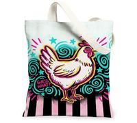 Bolsa de lona de pollo para mujer, diseño de remolinos divertidos, estrellas, ninguno, blanco, lavable, reutilizable, ideal para compras, viajes, oficina, biblioteca, casual, 33 x 38 cm