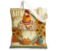 Bolsa de lona de pollo para mujer, estilo rústico, granja, girasol, pan, otoño, amarillo, lavable, reutilizable, estética, para compras, brunch, parque, biblioteca, excursiones, 13 x 15 pulgadas