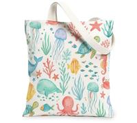 Bolsa de lona de pulpo para mujer, diseño de ballena, tortuga, verano, lavable, reutilizable, ideal para exteriores, Aguamarina, 13x15 Inch