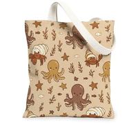 Bolsa de lona de pulpo para mujer, diseño de cangrejo y estrellas de mar, color beige, lavable, reutilizable, ideal para la familia, Beige, 13x15 Inch