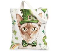 Bolsa de lona de San Patricio Devon Rex Cat para ir de compras, 13 x 15 pulgadas, divertida bolsa reutilizable con estampado de gatito lindo para mujeres, trébol para mascotas, playa, pintura estética