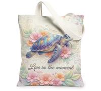 Bolsa de lona de tortuga para mujer, diseño de flores pastorales de naturaleza, hojas, primavera, azul, lavable, reutilizable, ideal para viajes, trabajo, compras, librería, 13 x 15 pulgadas