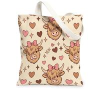 Bolsa de lona de vaca para mujer, bonitos corazones juguetones, estrellas, ninguno melocotón, lavable, reutilizable, bolsas pequeñas ideas para viajes al aire libre, día de trabajo, lectura, 13 x 15