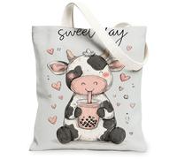 Bolsa de lona de vaca para mujer, bonitos corazones juguetones, té de burbujas, melocotón, lavable, reutilizable, bolsa de comestibles para compras, brunch, parque, biblioteca, excursiones, 13 x 15