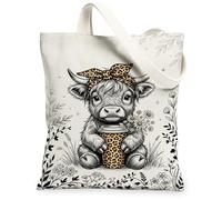 Bolsa de lona de vaca para mujer, diseño de crisantemo inspirado en la naturaleza, color beige, lavable, reutilizable, ideal para viajes, trabajo, compras, librería, 13 x 15 pulgadas