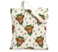 Bolsa de lona de vaca para mujer, diseño de crisantemo, nota musical, color crema de verano, lavable, reutilizable, ideas F, Crema, 13x15 Inch