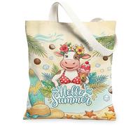 Bolsa de lona de vaca para mujer, diseño de helado, hojas de palma, verano, pastel, melocotón, lavable, reutilizable, bolsa de mercado, Melocotón Pastel, 13x15 Inch, Vaca