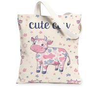 Bolsa de lona de vaca para mujer, juguetona y bonita con estrellas, flores, ninguna, melocotón, lavable, reutilizable, bolsa de mercado, ideas para compras, viajes, oficina, biblioteca, casual, 13 x