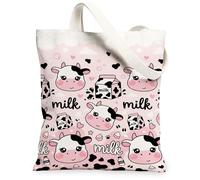 Bolsa de lona de vaca para mujer, juguetona y bonita, corazones de leche, ninguno melocotón, lavable, reutilizable, pequeña, ideas para viajes, trabajo, compras, librería, 13 x 15 pulgadas