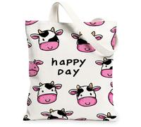 Bolsa de lona de vaca para mujer, juguetona y fantástica, color melocotón, negro, sin melocotón, lavable, reutilizable, para compras, brunch, parque, biblioteca, excursiones, 13 x 15 pulgadas