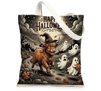 Bolsa de lona de vacas de las tierras altas de Halloween para compras, 13 x 15 pulgadas, fantasmas divertidos para vacaciones, bolsa de comestibles reutilizable para mujeres, otoño, trabajo, viajes