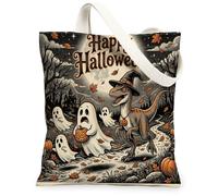 Bolsa de lona de Velociraptors de Halloween para ir de compras, 13 x 15 pulgadas, dinosaurio, fantasmas divertidos, reutilizable, bolsa de comestibles para mujeres, otoño, trabajo, viajes, pintura