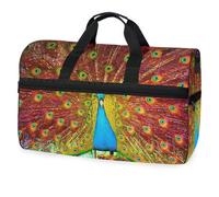 Bolsa de lona de viaje con pintura digital de un hermoso pavo real para hombres, mujeres, niños, niñas, adolescentes, bolsa de gimnasio deportiva de gran tamaño con compartimento para zapatos, bolsa
