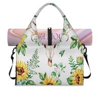Bolsa de lona deportiva bohemia con diseño de calavera de toro, girasoles, con compartimento para zapatos, plumas de calavera, para fin de semana, bolsa de equipaje para gimnasio, yoga, viajes, color,