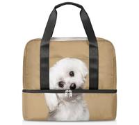 Bolsa de lona deportiva con diseño de animales para mujeres, hombres y niños, Kirls lindo perro maltés, bolsas de fin de semana, bolsas de noche separadas para mojado, bolsa de mano de 21 L para