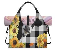 Bolsa de lona deportiva con diseño de vaca, diseño de girasol a cuadros, para mujeres y hombres, bolsa de fin de semana con compartimento para zapatos, bolsa de hombro para yoga, gimnasio, viajes,