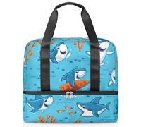 Bolsa de lona deportiva de tiburón de dibujos animados para mujeres, hombres y niños, Kirls Cute Shark Weekend Overnight Bags Wet Seperated 21 L Tote Bag for Travel Gym Yoga, color, 21L, Organizador