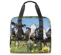Bolsa de lona deportiva de vaca de flores de primavera para mujeres, hombres y niños, Kirls divertida vaca fin de semana bolsas de noche húmedas separadas 21 L bolsa de mano para viajes, gimnasio,