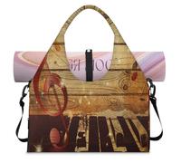 Bolsa de lona deportiva vintage con piano y notas musicales para mujeres y hombres, bolsa de fin de semana con compartimento para zapatos, bolsa de hombro para yoga, gimnasio, viajes, color, L,
