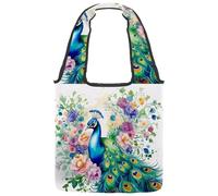 Bolsa de lona estética de pavo real con plumas y flores, bolsa de tela reutilizable mediana para mujeres, profesores, enfermeras, Multicolor 09, 14.1x14.9in/36x38cm