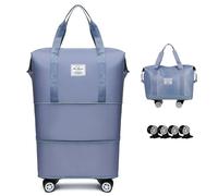 Bolsa de lona extensible y plegable con ruedas, equipaje de mano de gran capacidad con separación en seco y húmedo, impermeable, ligera, bolsa de fin de semana para mujeres y hombres, Azul, Bolsa de