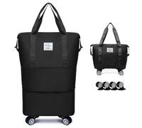 Bolsa de lona extensible y plegable con ruedas, equipaje de mano de gran capacidad con separación en seco y húmedo, impermeable, ligera, bolsa de fin de semana para mujeres y hombres, Negro, Bolsa de