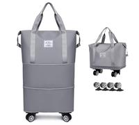 Bolsa de lona extensible y plegable con ruedas, equipaje de mano de gran capacidad con separación en seco y húmedo, impermeable, ligera, bolsa de fin de semana para mujeres y hombres, Gris, Bolsa de