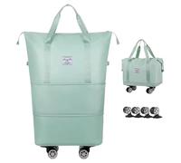 Bolsa de lona extensible y plegable con ruedas, equipaje de mano de gran capacidad con separación en seco y húmedo, impermeable, ligera, bolsa de fin de semana para mujeres y hombres, Verde, Bolsa de