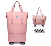 Bolsa de lona extensible y plegable con ruedas, equipaje de mano de gran capacidad con separación en seco y húmedo, impermeable, ligera, bolsa de fin de semana para mujeres y hombres, Rosado, Bolsa de