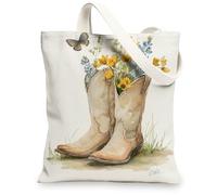 Bolsa de lona floral, bolsas de comestibles reutilizables vintage, bolsas ligeras con correa de hombro beige, Beige, 13x15 Inch