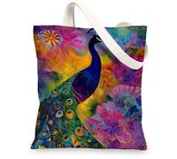Bolsa de lona floral de pavo real, bolsas de comestibles reutilizables coloridas, bolsas ligeras multicolor con correa para el hombro, 13 x 15 pulgadas
