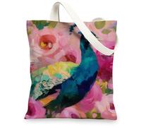 Bolsa de lona floral de pavo real, bolsas de comestibles reutilizables vintage, bolsas de lino ligeras con correa para el hombro, Azul, 13x15 Inch