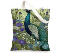 Bolsa de lona floral de pavo real, bolsas de compras reutilizables ecológicas, correas de hombro ligeras y coloridas, Azul, 13x15 Inch