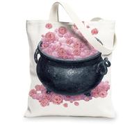 Bolsa de lona floral, diseño de caldero mágico, reutilizable, vintage, elegante, ligera, lavable, con correa de hombro, bolsa de lona para gimnasio, viajes, playa, picnic, 13 x 15 pulgadas