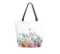 Bolsa de lona Flores silvestres Tulipanes Mujer Bolsa de playa Narciso Amapola Brotes de aciano Hojas Bolso de hombro Bolso grande reutilizable Ligero para ir de compras Viajes de comestibles