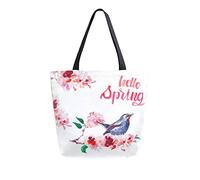 Bolsa de lona Hello Spring Bird Sakura Mujer Bolsa de playa Flores rosadas Bolso de hombro Bolso grande reutilizable Ligero para ir de compras Viajes de comestibles