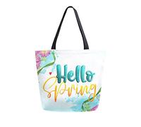 Bolsa de lona Hello Spring Woman Bolsa de playa Acuarela Flores rosas Bolso de hombro Bolso grande reutilizable Ligero para ir de compras Viajes de comestibles
