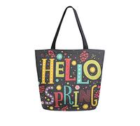 Bolsa de lona Hello Spring Woman Bolsa de playa Bolsa de hombro con flores decorativas Bolso grande reutilizable Ligero para ir de compras Viajes de comestibles