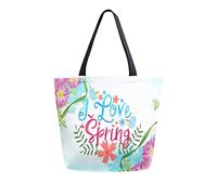 Bolsa de lona I Love Spring Woman Bolsa de playa Flores de gerbera rosa Bolso de hombro Bolso grande reutilizable Ligero para ir de compras Viajes de comestibles