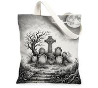Bolsa de lona para cementerio, diseño gótico y espeluznante con lápidas celtas para Halloween, bolsa de compras negra de 13 x 15 pulgadas, Negro, 13x15 Inch