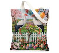 Bolsa de lona para compras, 13 x 15 pulgadas, con diseño de cigüeñas y pájaros, para primavera, Pascua, huevos de valla floral, reutilizable, bolsa de hombro para mujer, decoración de regalo de