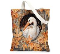 Bolsa de lona para compras de 13 x 15 pulgadas, diseño de cigüeñas y pájaros, reutilizable, con agujero de árbol de otoño, para mujer, diseño de hoja de arce, decoración de regalo