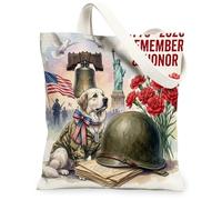 Bolsa de lona para compras de 13 x 15 pulgadas, diseño de perro de los Grandes Pirineos del 4 de julio, Día de los Caídos, reutilizable, para mujer, diseño patriótico de playa, pintura estética