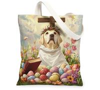 Bolsa de lona para compras de 13 x 15 pulgadas, diseño de perro labrador retriever de primavera, Pascua, huevos cruzados, cachorro, reutilizable, para mujeres, pintura estética campestre, decoración