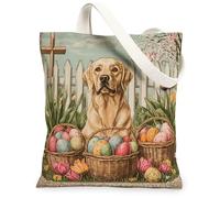 Bolsa de lona para compras de 13 x 15 pulgadas, diseño de perro labrador retriever de primavera, Pascua, huevos cruzados, bolsa de comestibles reutilizable para mujeres, pintura estética vintage