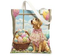 Bolsa de lona para compras de 13 x 15 pulgadas, diseño de perro labrador retriever de primavera y Pascua, diseño de cachorro de Victoria Country, reutilizable, para mujer, pintura estética de granja